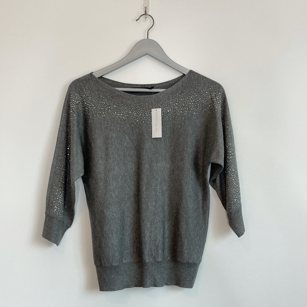 New York & Co. Gray Crewneck Top With Crystals